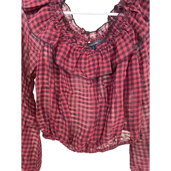 Olivaceous Plaid Ruffled Lantern Sleeve Off Shoulder Sheer Blouse NWT - Picture 3 of 4